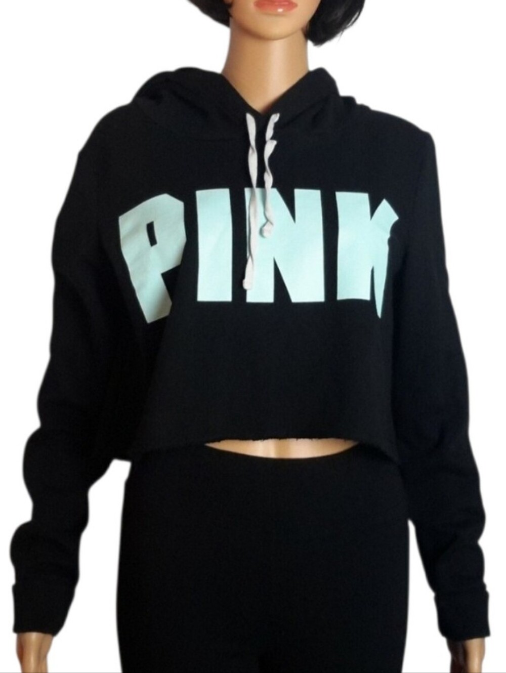PINK Victoria's Secret Black Cropped Hoodie with Light Blue Logo
